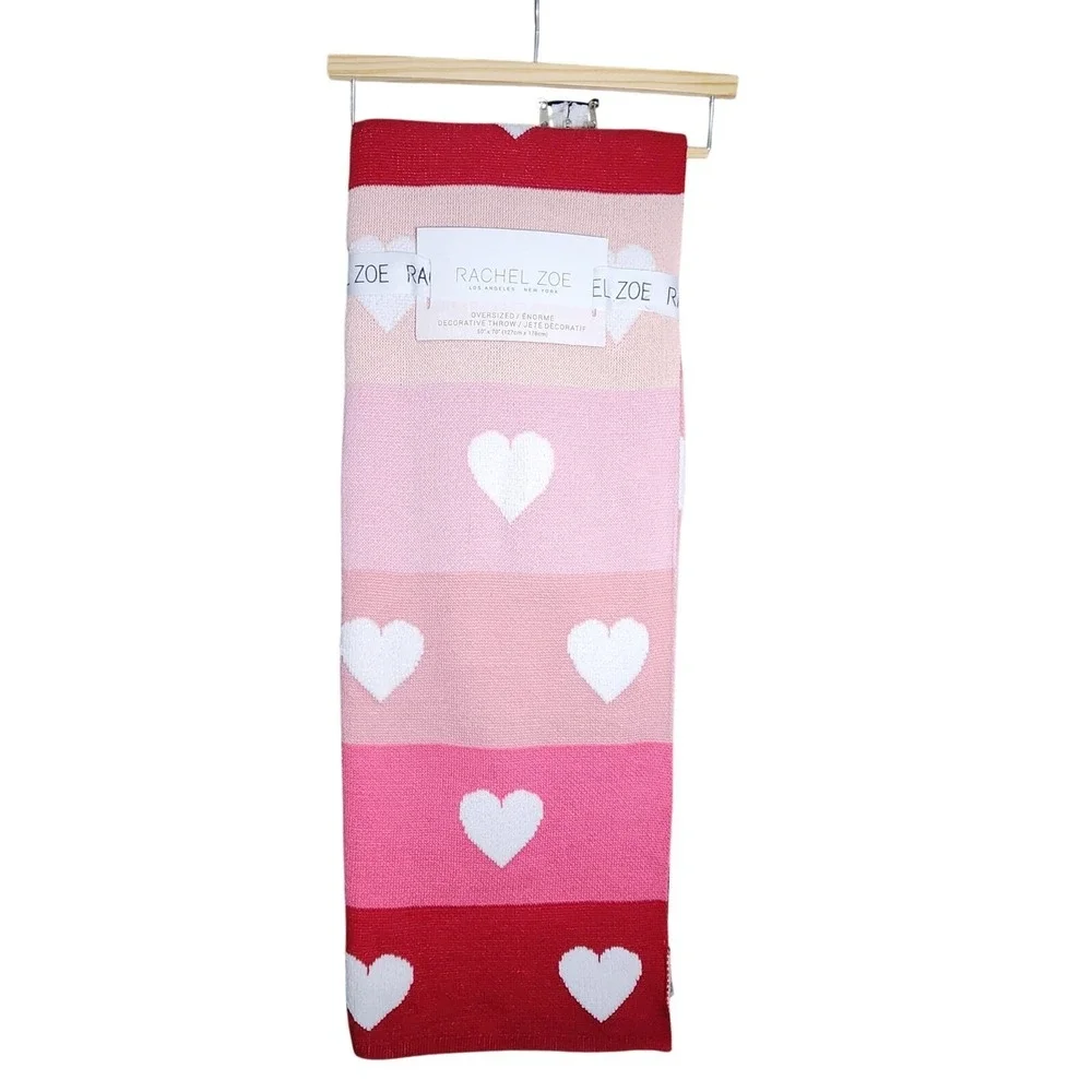 Zoe Rachel Cotton Blend Knit Throw Blanket Heart Color Block Pink Red 50x70
